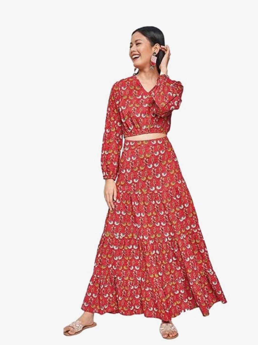 Red Abstract Gathers Or Pleats Cropped Set-2